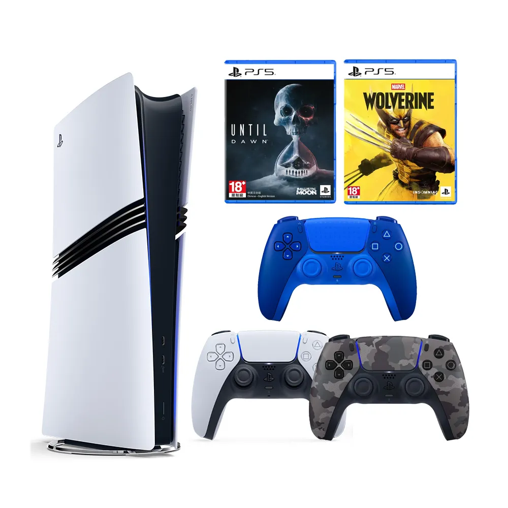 【SONY 索尼】PS5 Pro 遊戲主機+《直到黎明》+《金鋼狼》+《控制器(深灰迷彩+經典藍)》