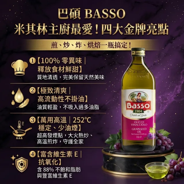 【BASSO 巴碩】*雙11獨家*義大利純天然葡萄籽油1公升x4入