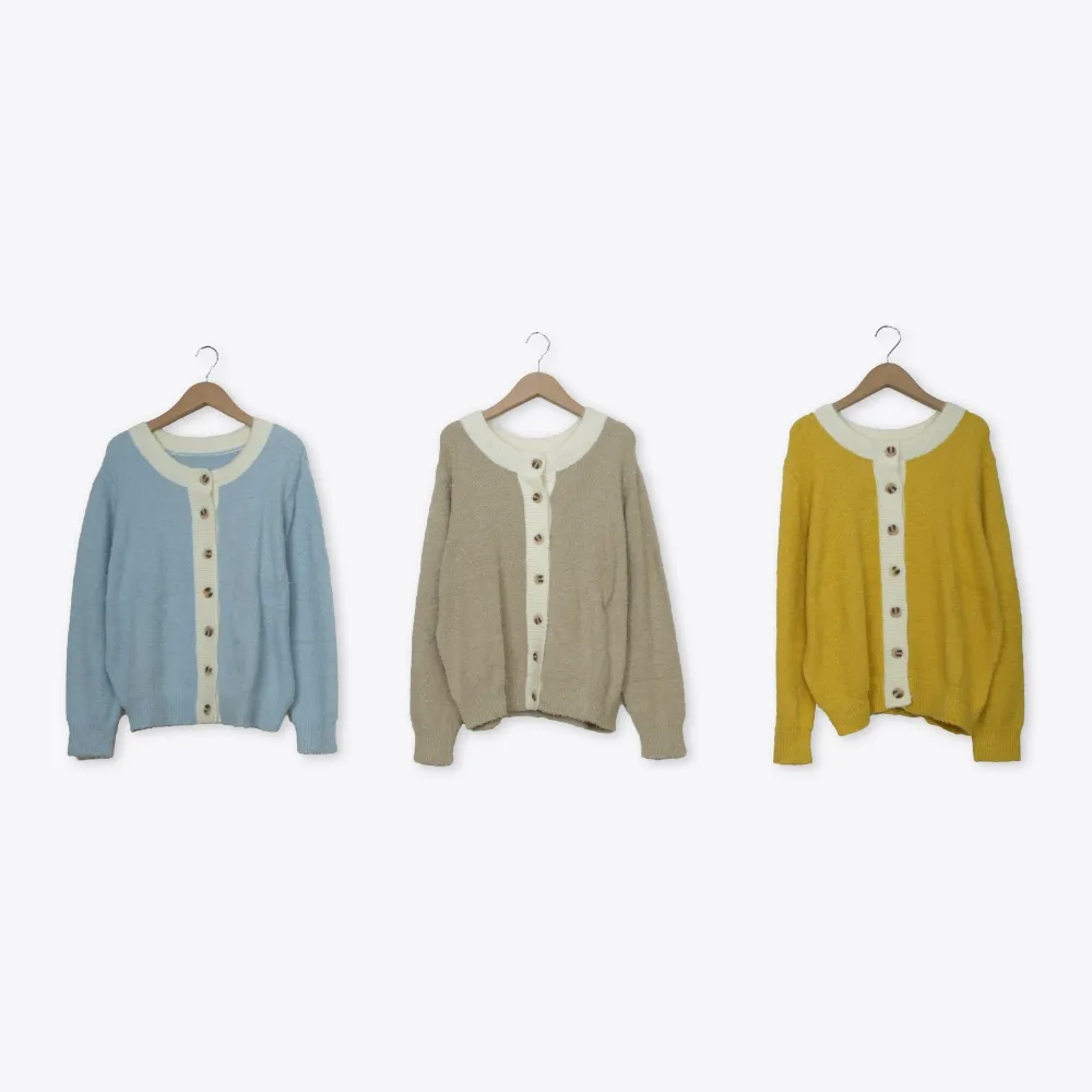 【MOSS CLUB】2WAY撞色領邊絨毛針織外套 藍 駝 黃(魅力商品)