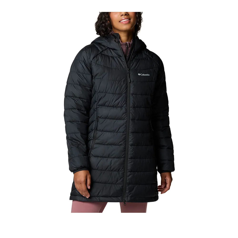 【Columbia 哥倫比亞】女款-保暖防潑填充長版連帽外套-Powder Lite™-黑色(UWR95750BK/JF)