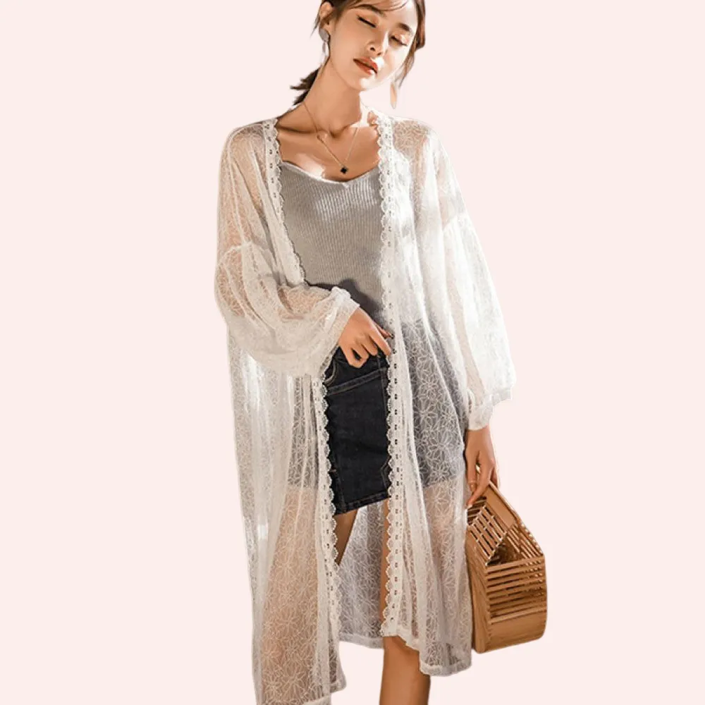 【TING BRA 婷姐內衣】長袖蕾絲長版開襟防曬外罩衫(外罩 罩衫 泳衣罩衫)