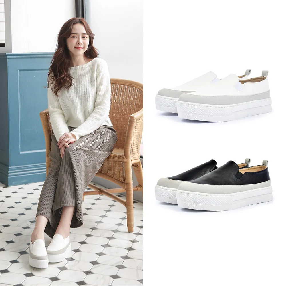 【FUFA Shoes 富發牌】雙色拼接厚底便鞋-黑/白 1BD05(平底鞋/便鞋/包鞋)