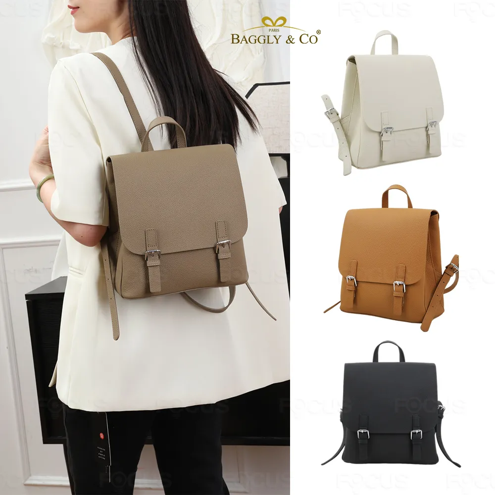 【BAGGLY&CO】雙11 真皮 維琪頭層牛皮多格層大容量後背包(真皮包包 白/棕/焦糖/黑)