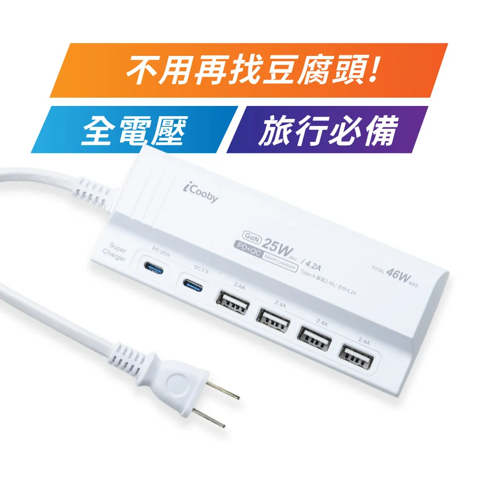 【iCooby】46W氮化鎵 智慧型充電器 USBx4+Type-Cx2多裝置充電 旅行必備 國際電壓(UB-06P 快充)