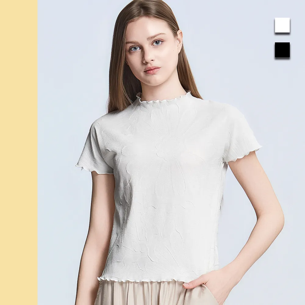 【Just Wear 佳葳】特殊花紋壓褶上衣 2色(女上衣/女上著/短袖/素色/花紋/彈性)