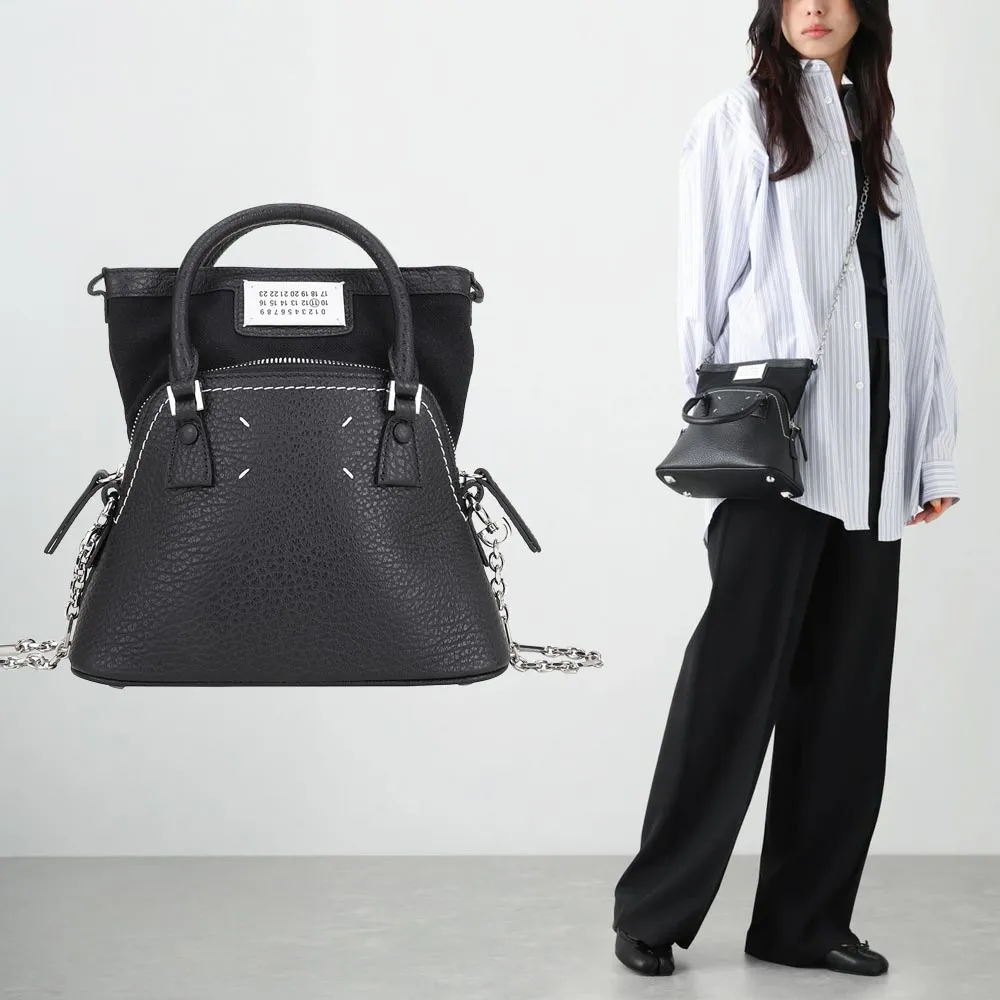 【MM6 MAISON MARGIELA】5AC 牛皮帆布內裡手提 肩背貝殼包-Micro 黑色