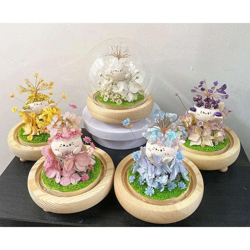 【OSTARA FLORIST 奧斯塔拉花藝】療癒系水晶樹豆丁玻璃罩花禮 共5色(永生花、水晶、節日禮物)