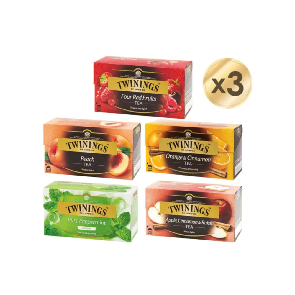 【Twinings 唐寧茶】雙11推薦調味茶包 共75入 25入x3盒(四紅果茶/香甜蜜桃/香橙肉桂/異國香蘋)