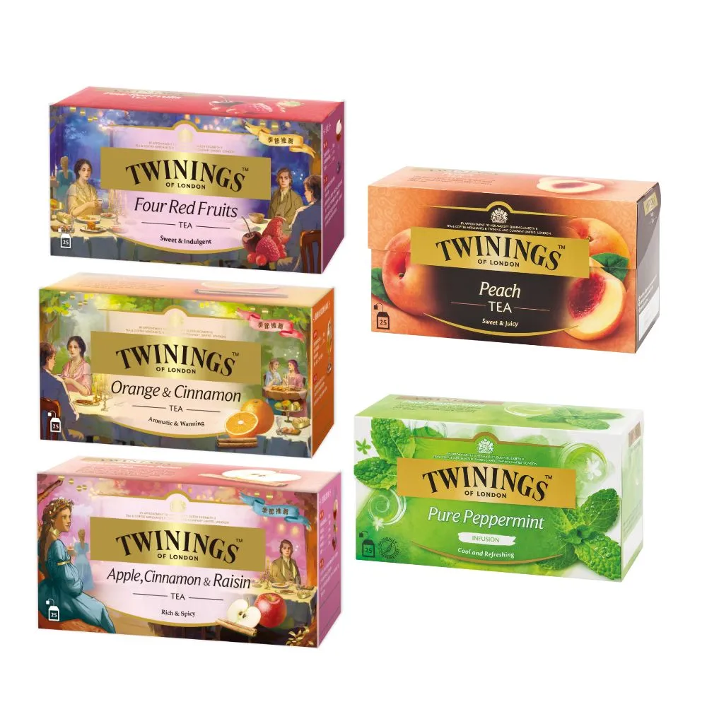 【Twinings 唐寧茶】調味茶包 25包x1盒(四紅果茶/沁心薄荷/香甜蜜桃/香橙肉桂/異國香蘋)