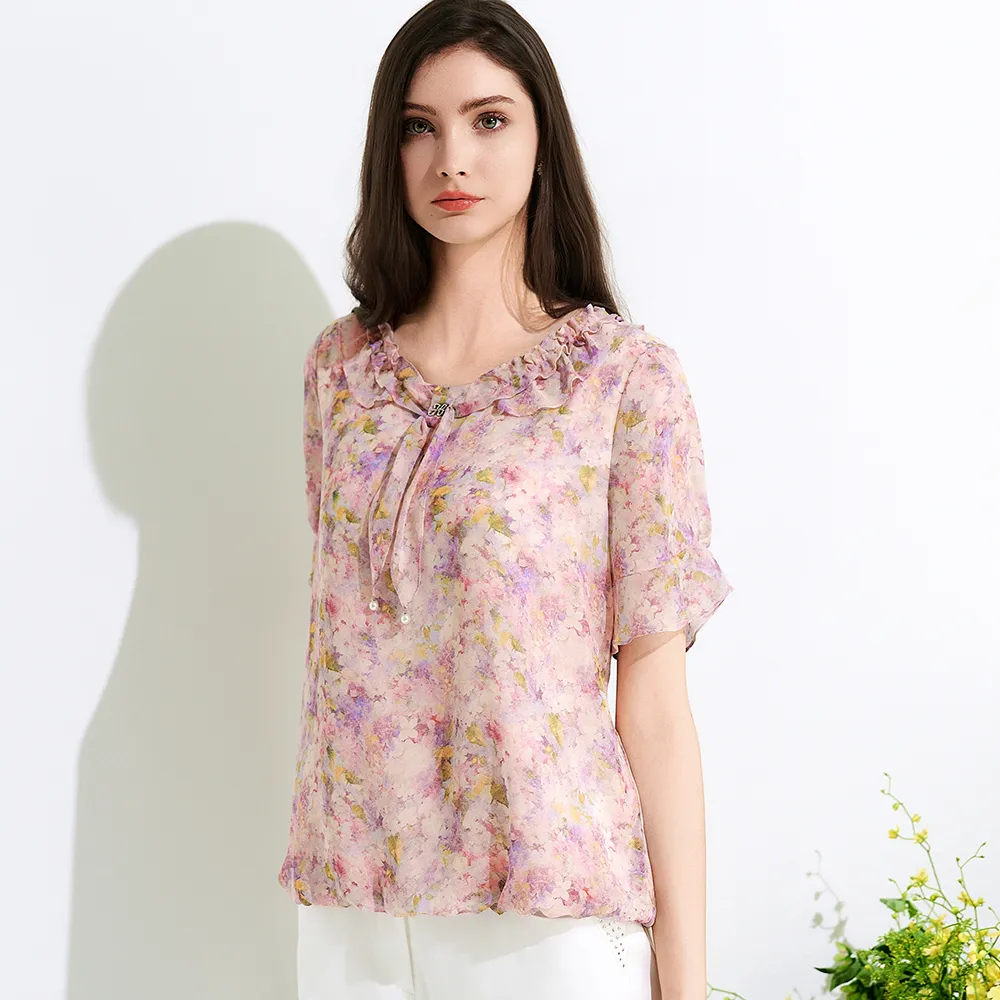 【TOWN’WEAR 棠葳】氣質荷葉翻領雪紡上衣(中大尺碼/女上衣/女上著/雪紡衫/短袖/翻領/鑽飾)