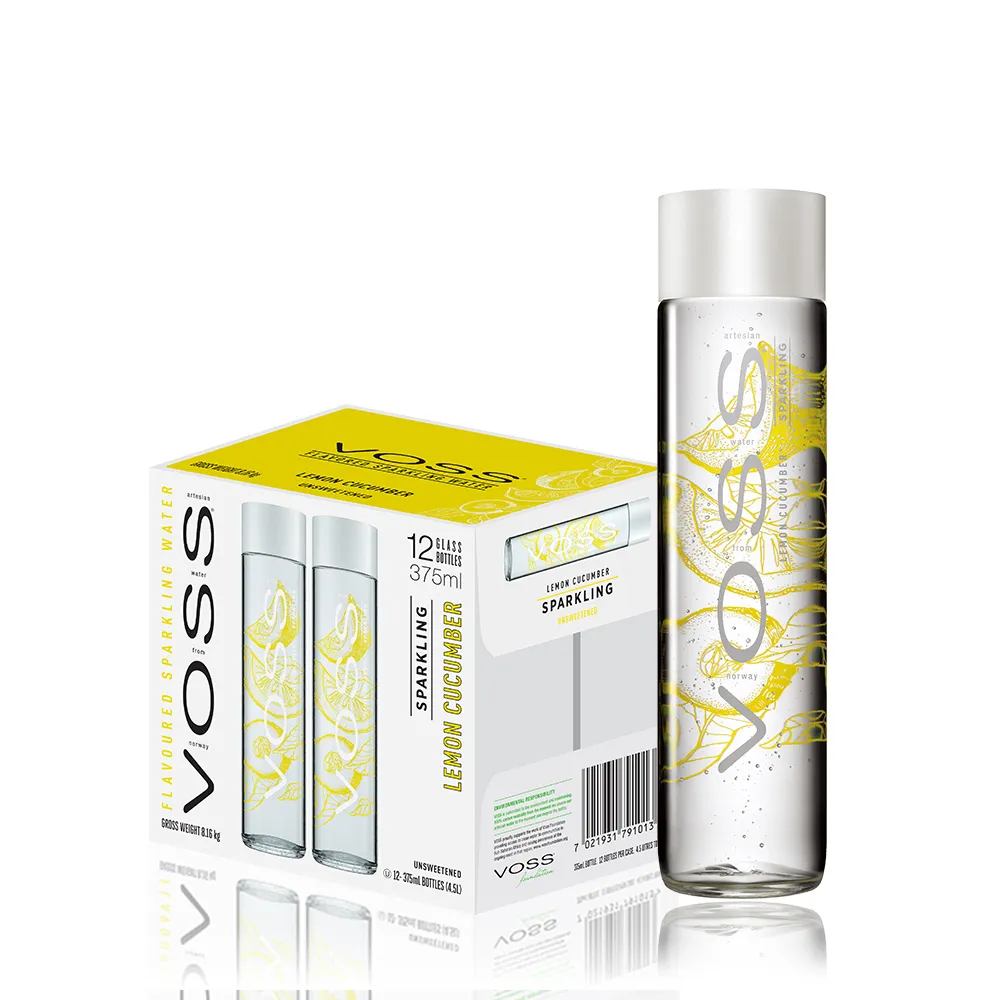 【VOSS 芙絲】檸檬小黃瓜風味氣泡水玻璃瓶裝375mlx12入/箱(原廠總代理直營)（雙11推薦）