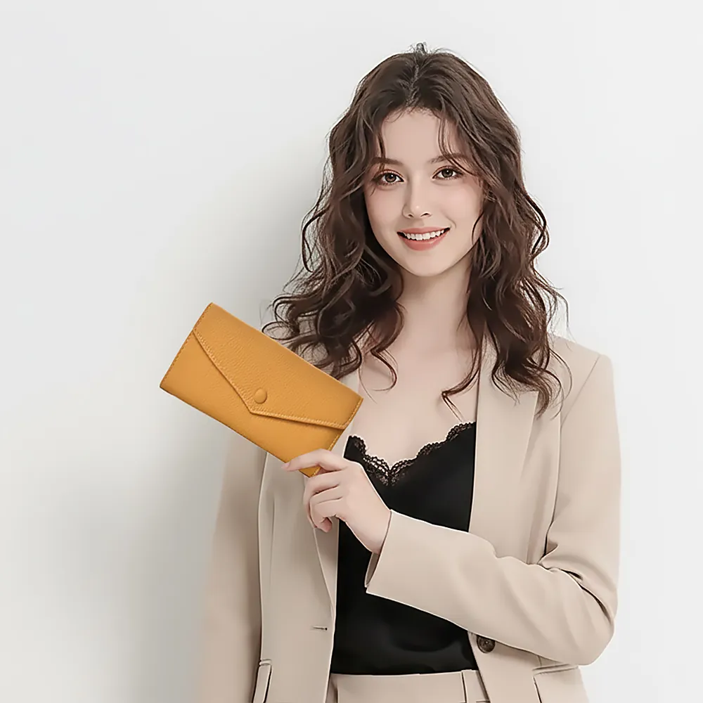 【MIYUNA 米友娜】雙11 真皮牛皮Caroline文青氣質信封長夾(真皮皮夾 招財黃)