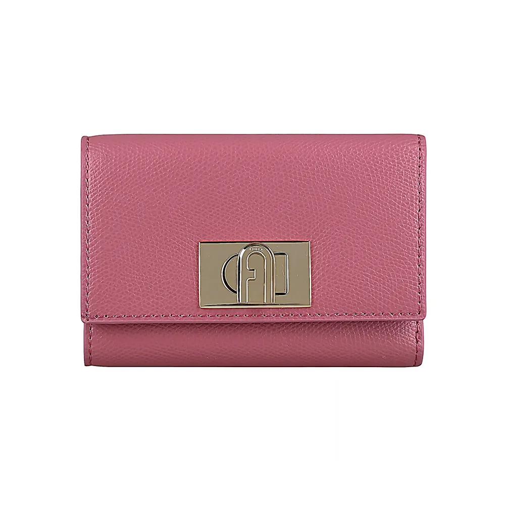 【FURLA 芙拉】FURLA 金字LOGO 1927 M系列牛皮8卡拱門旋扣三折短夾(莓粉)