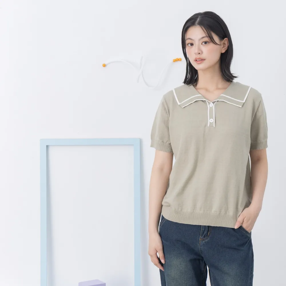 【MOSS CLUB】MOSS兔復古翻領短袖針織上衣(綠 米 紫/魅力商品)