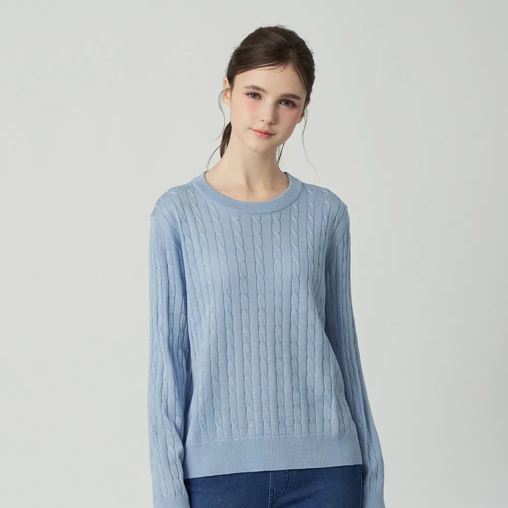 【pierre cardin 皮爾卡登】休閒服飾 女款 羊毛保暖麻花織紋長袖針織衫毛衣-藍灰色(6255471-33)