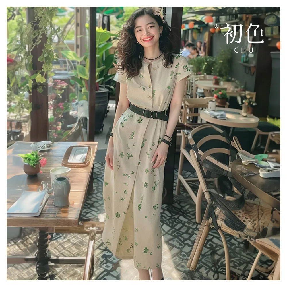 【初色】現貨 小香風綠色碎花純色休閒收腰顯瘦短袖連衣裙連身洋裝長洋裝-綠色-36354(M-XL可選/快速出貨)