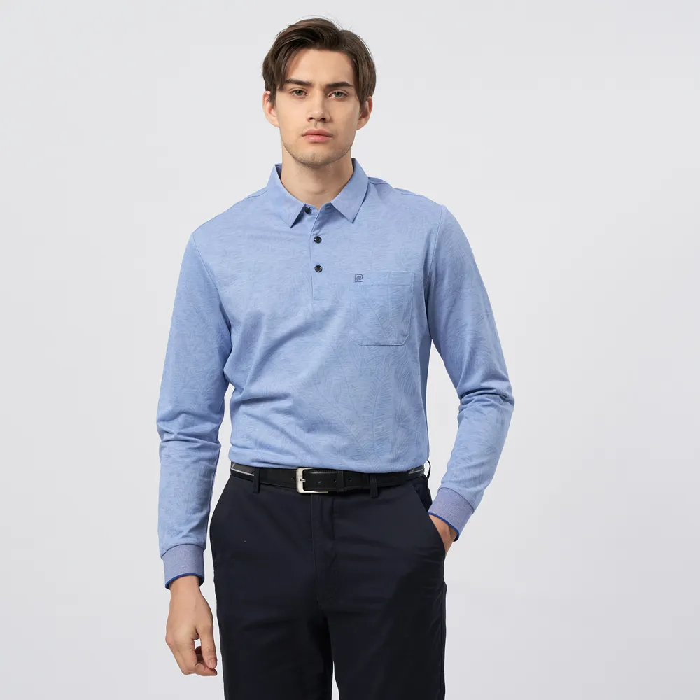 【pierre cardin 皮爾卡登】休閒服飾 男款 葉片印花長袖POLO衫-淺藍色(5235290-35)