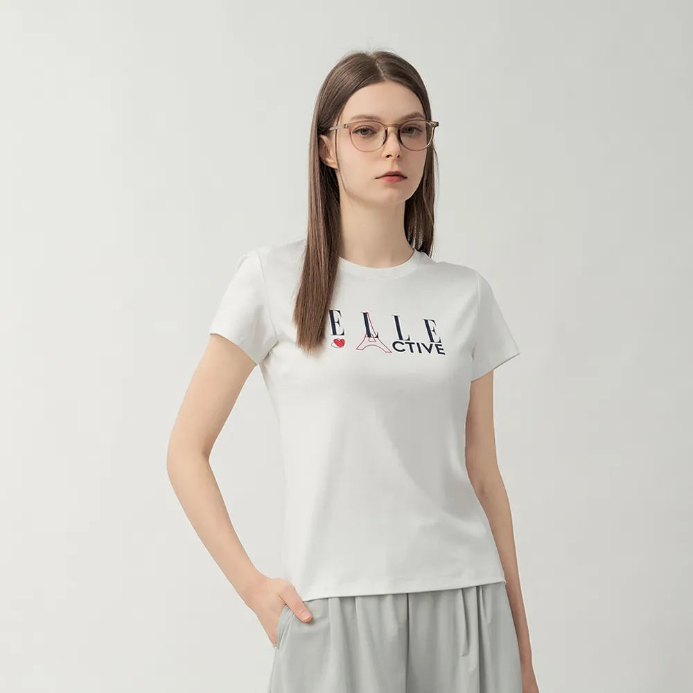 【ELLE ACTIVE】女款 Logo印花圓領短袖T恤-白色(EA26S4W1605-90)