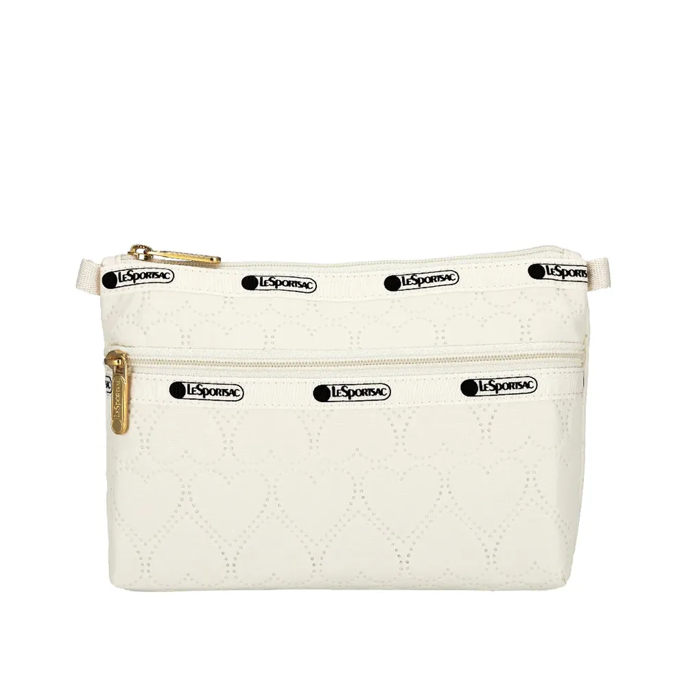【Lesportsac】Cosmetic Clutch 雙層拉鍊化妝包 收納袋 盥洗包 女包(米白愛心壓紋)
