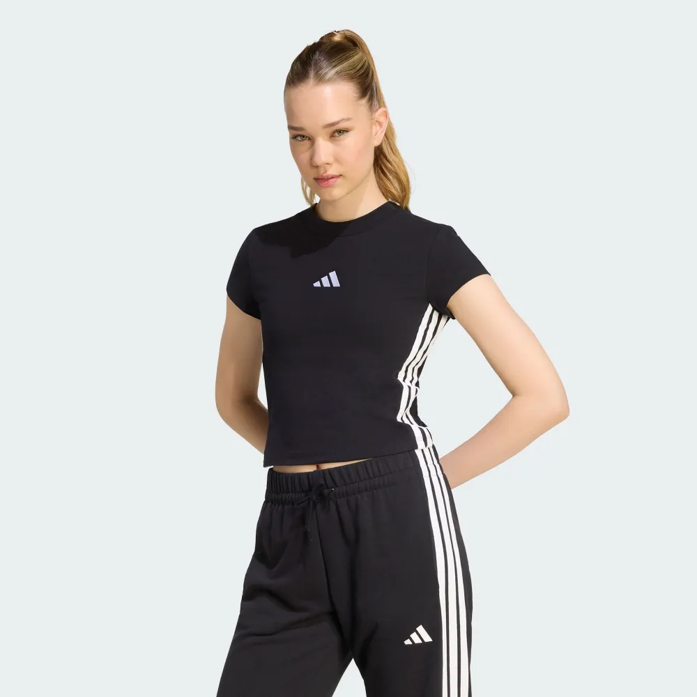 【adidas 愛迪達】ESSENTIALS 3-STRIPES 短版短袖上衣 T恤 女 KR4039