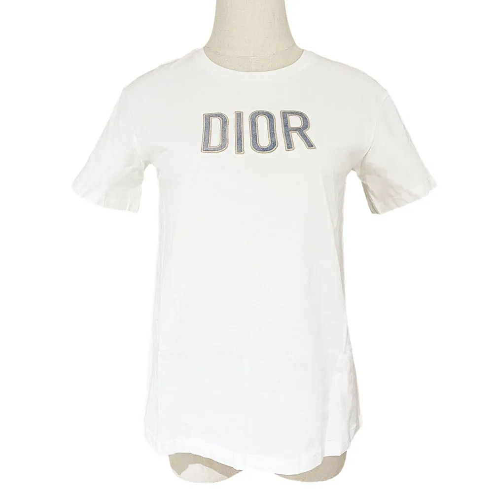 【Dior 迪奧】刺繡logo短袖T-shirt (白/字母暗粉刺繡裡面單寧色)