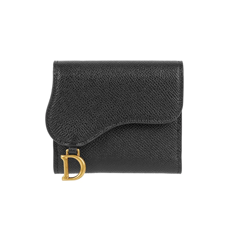 【Dior 迪奧】Lotus Saddle 金釦牛皮三折短夾(黑色)