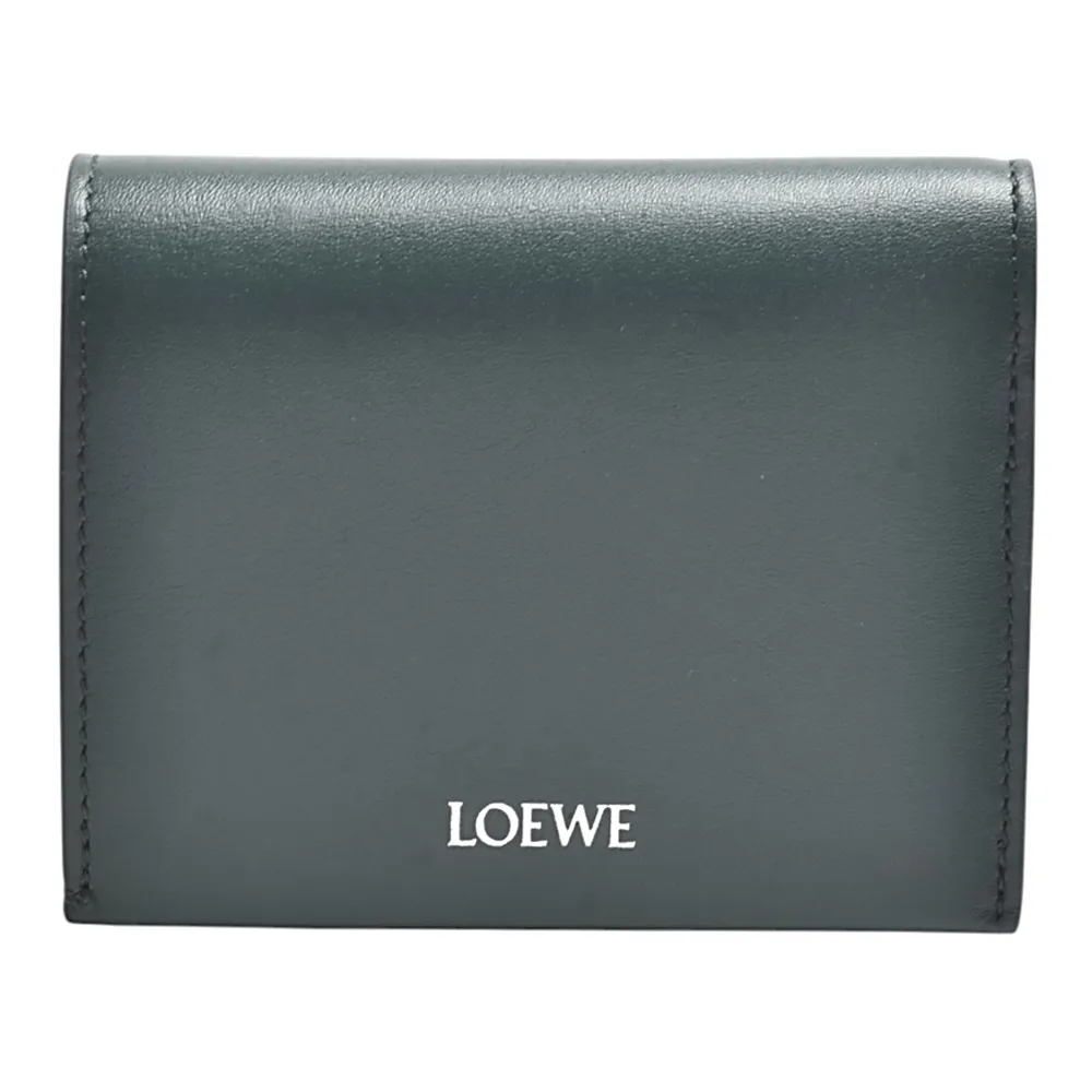 【LOEWE 羅威】經典銀色LOGO燙印小牛皮暗釦三折短夾/錢包(深綠色)