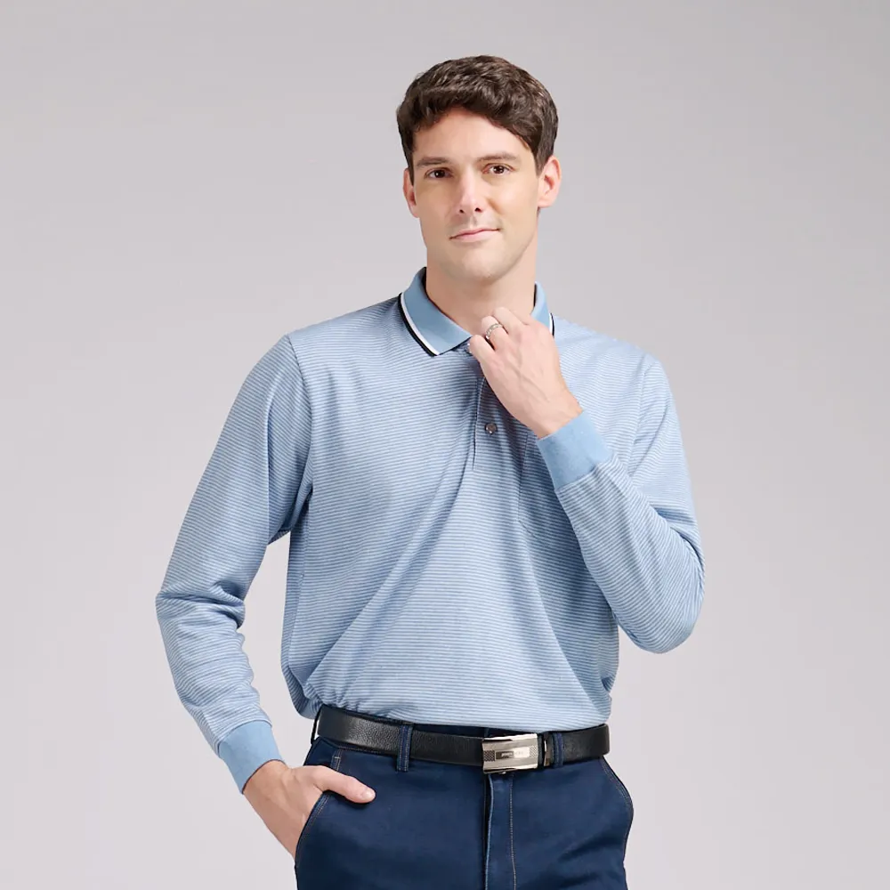【Emilio Valentino 范倫鐵諾】男 長袖POLO衫 保暖蓄熱 磨毛 口袋 POLO衫 上衣 卡其/白(66-5V9157)