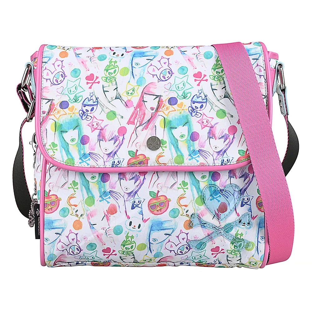 【TOKIDOKI】雙11 TOKIDOKI 透明藍LOGO日系暈染風格圖案尼龍吸釦式斜背包(彩x粉紅)
