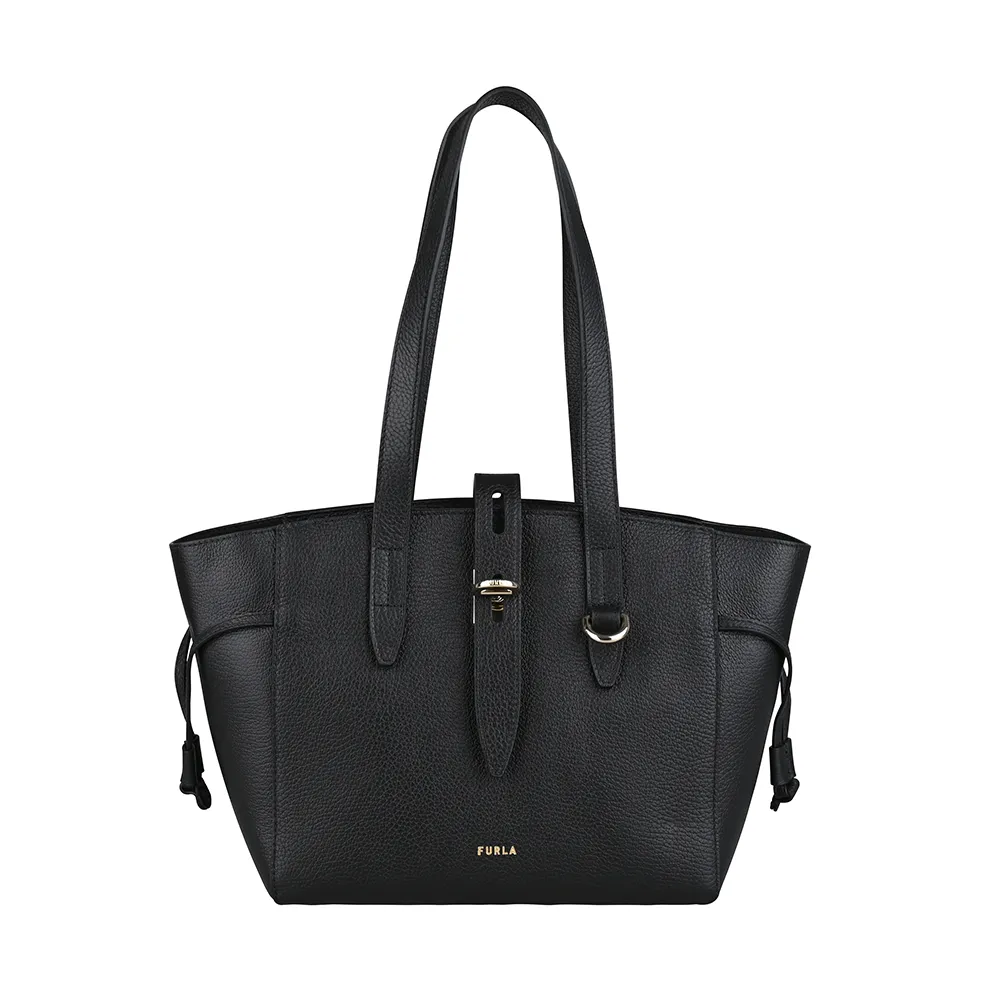 【FURLA 芙拉】FURLA NET LOGO拉鍊璇扣小牛皮肩背托特包(黑)