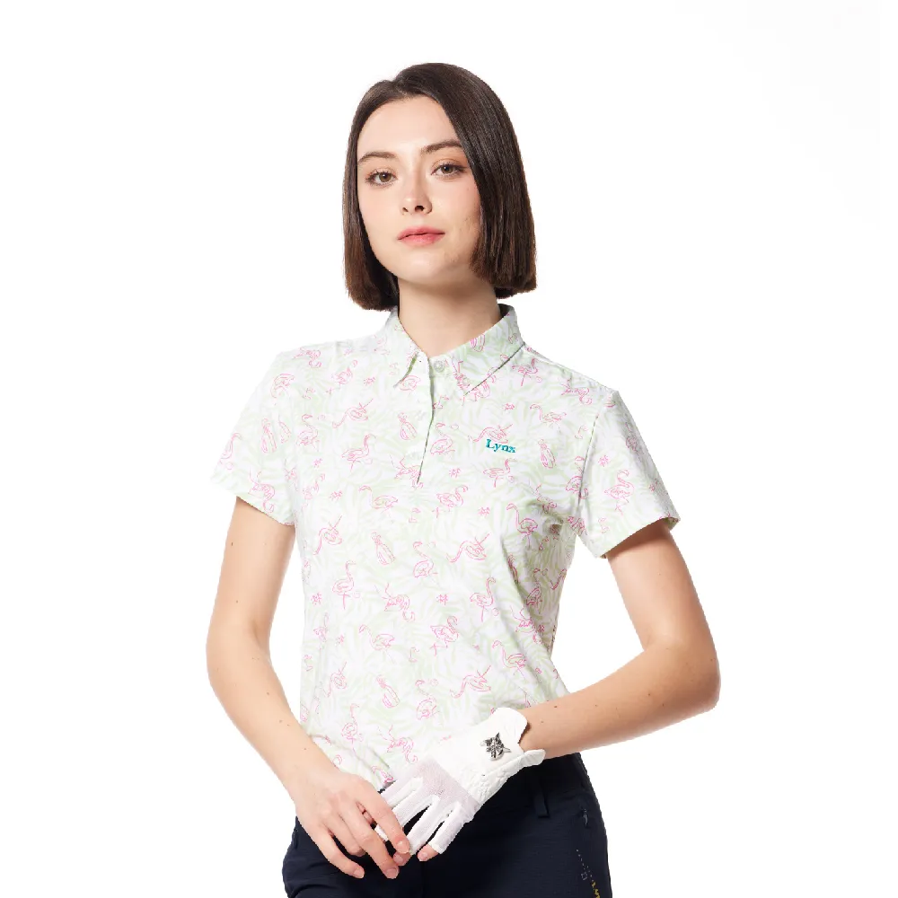 【Lynx Golf】女款吸濕排汗花草鶴印花領尖扣繡花設計短袖POLO衫/高爾夫球衫(淺綠色)