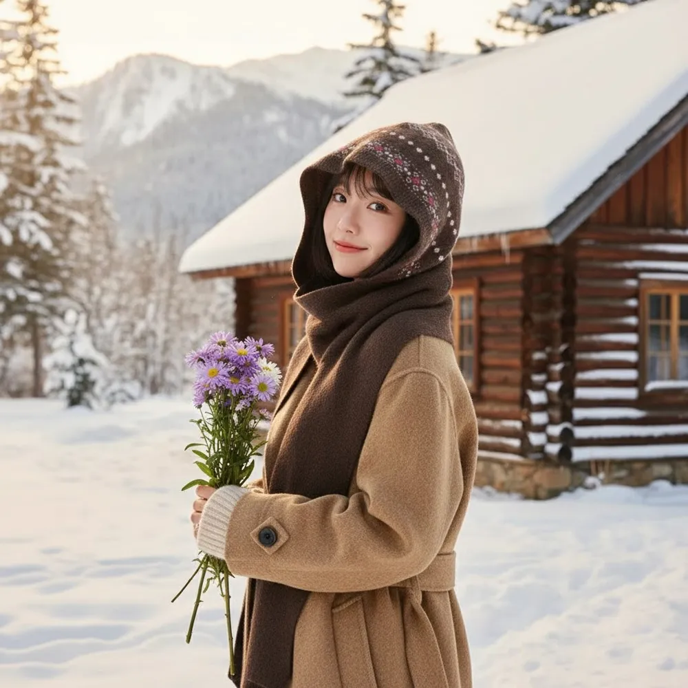 【HaNA 梨花】森系物語something warm・含羊毛復古圖騰長版連帽針織披肩(披肩 羊毛 圖騰 圍巾)
