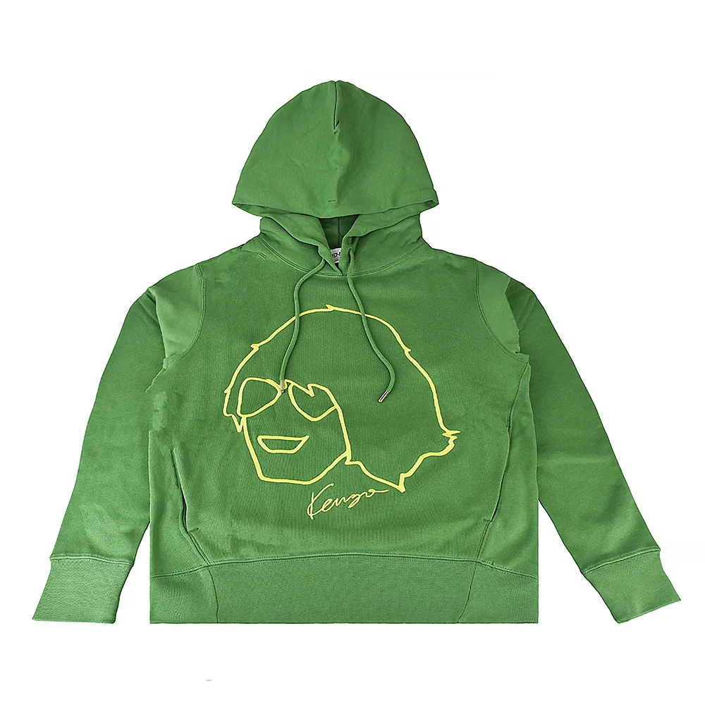 【KENZO】KENZO草寫刺繡LOGO創辦人造型設計內刷毛連帽T恤(女款/草綠x檸檬綠)