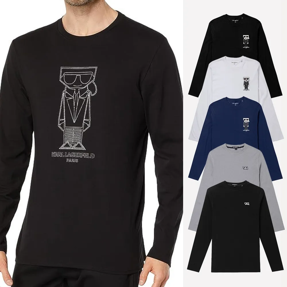 【KARL LAGERFELD 卡爾】老佛爺 經典印刷文字Logo素面長袖T恤 上衣-多色選(平輸品)
