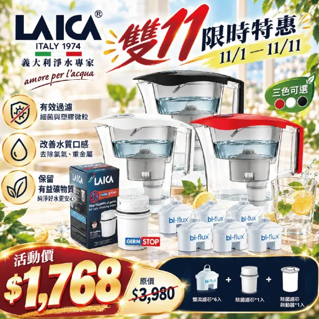 【LAICA 萊卡】除菌生飲濾水壺1年份濾芯組(1壺6芯+除菌濾芯)