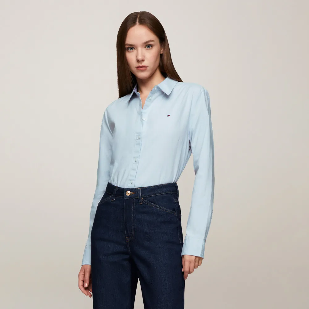 【TOMMY HILFIGER】官方旗艦館 標準版型純色彈性牛津襯衫_藍色