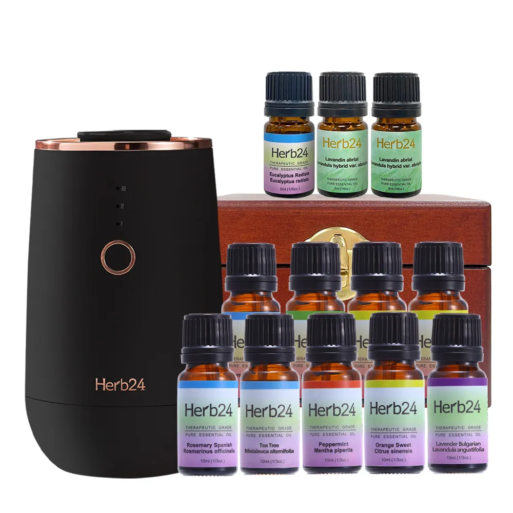 【草本24】Herb24 晨霧純精油擴香儀II霧黑_10瓶精油豪華組：贈12格收納木盒(專櫃品牌直營 保固半年)