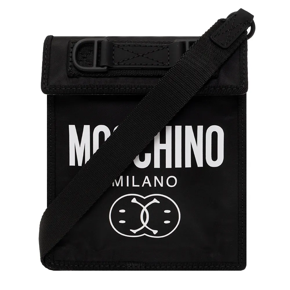 【MOSCHINO】Smiles 標誌印花尼龍手機側背包 黑色(2A8110-8223-1555)