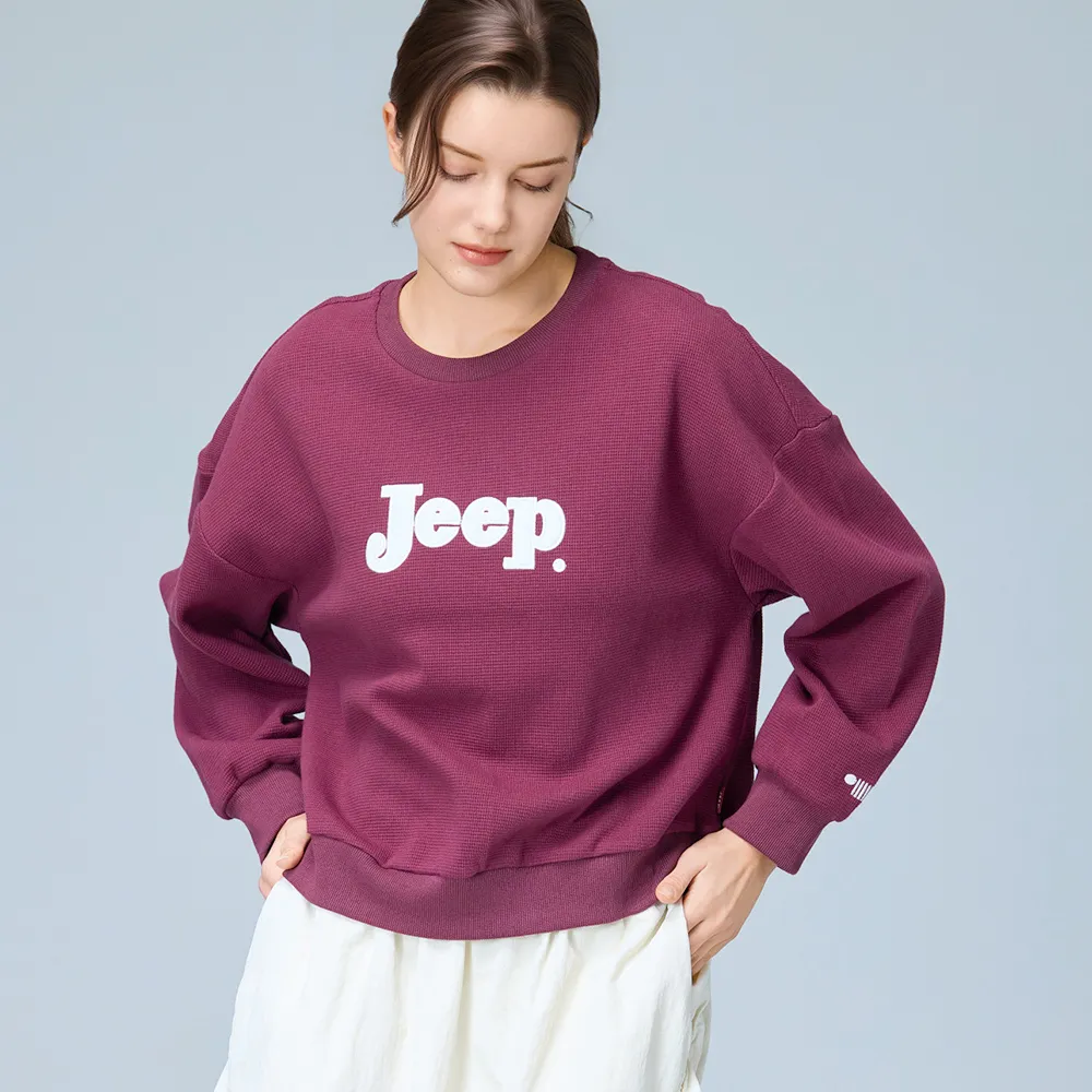 【JEEP】女裝 華夫格短版長袖大學T(紅色)