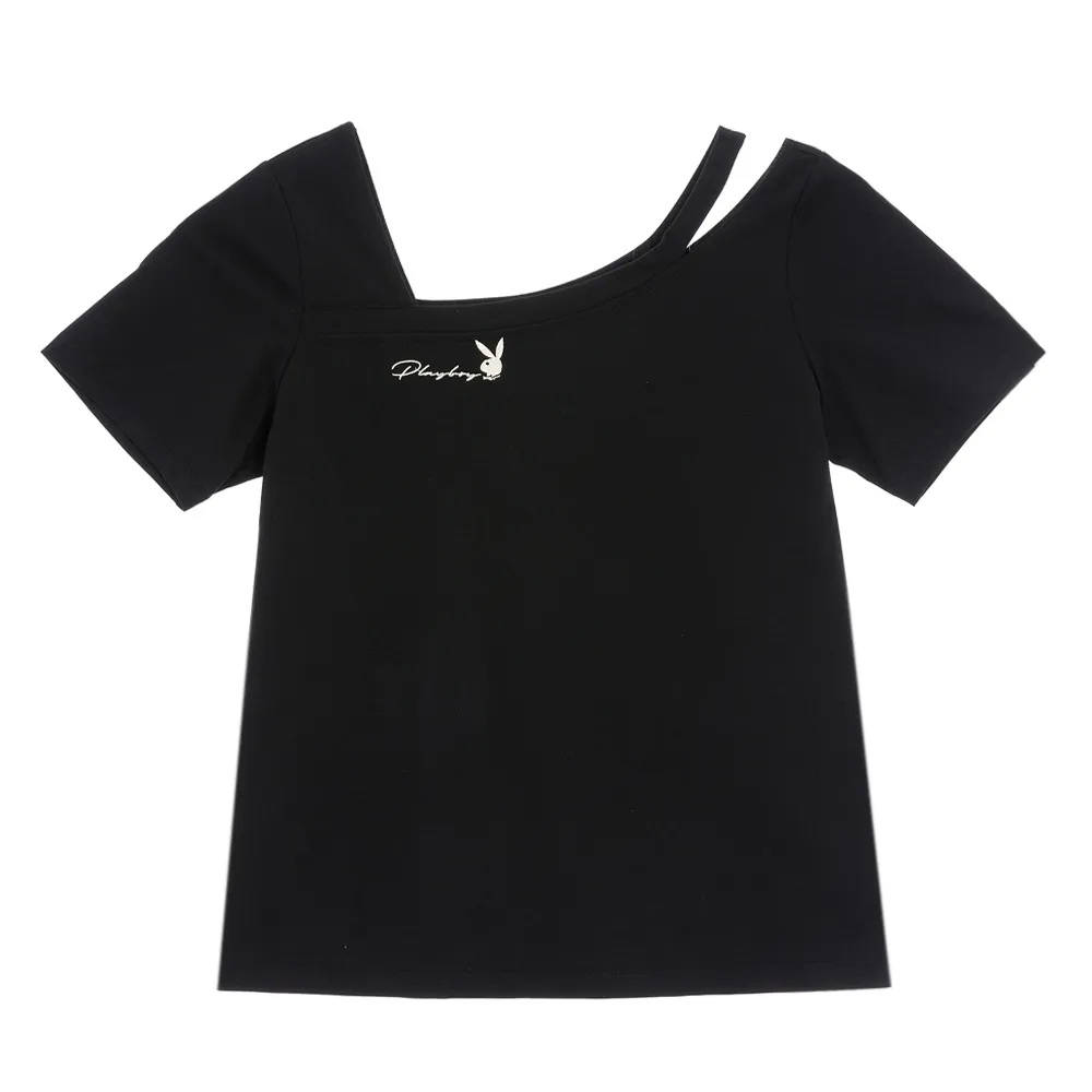 【PLAYBOY】涼感不對稱露肩T-SHIRT(黑色)