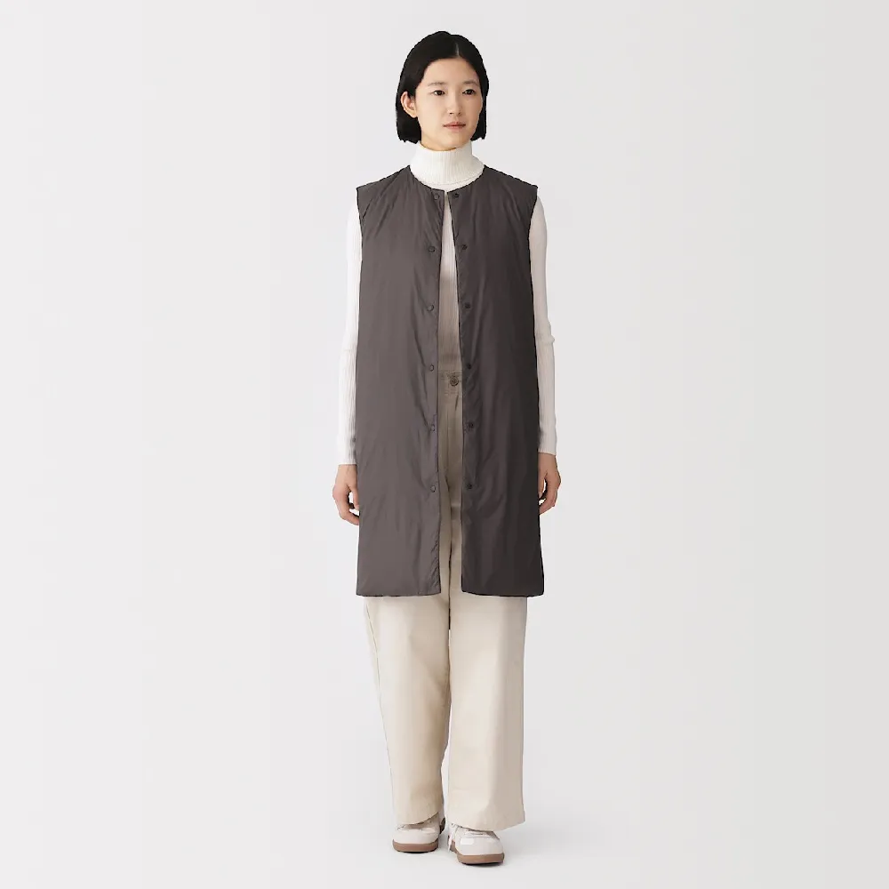 【MUJI 無印良品】女輕量羽絨可攜式無領長版背心(灰白/墨灰/黑色)