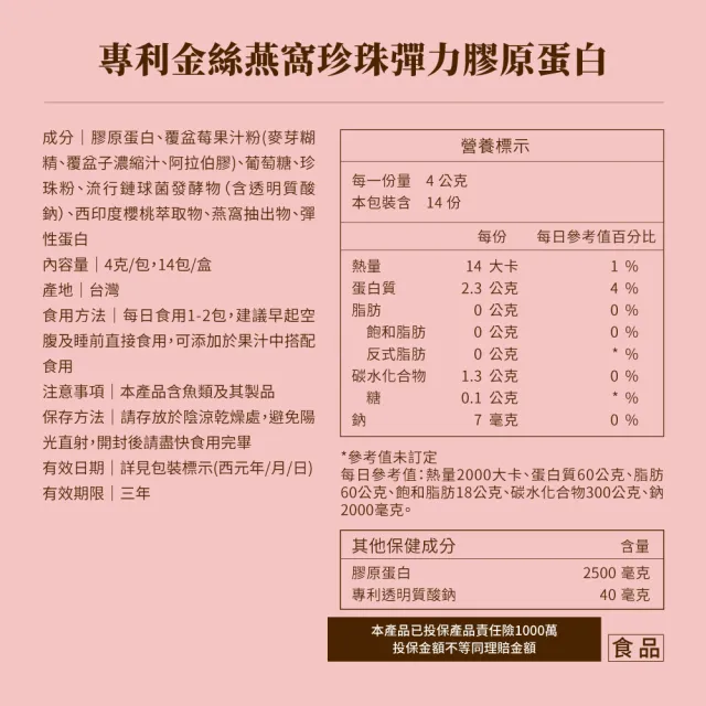 【御熹堂】專利金絲燕窩珍珠彈力膠原蛋白3入組(一入14包、醫師推薦、日本燕窩、添加日本玻尿酸)