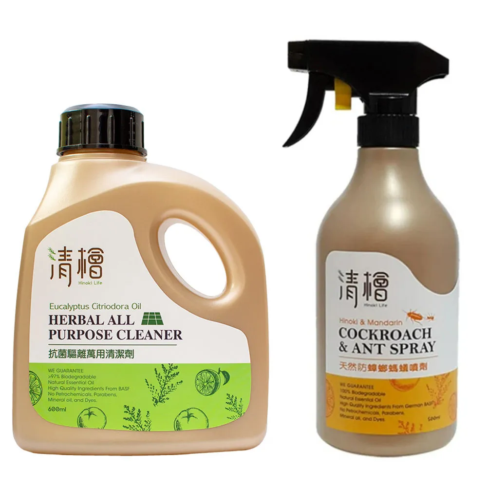 【Hinoki Life 清檜】雙剋星組合(天然防蟑螂螞蟻噴劑500ml瓶+抗菌驅離萬用清潔劑600ml瓶)