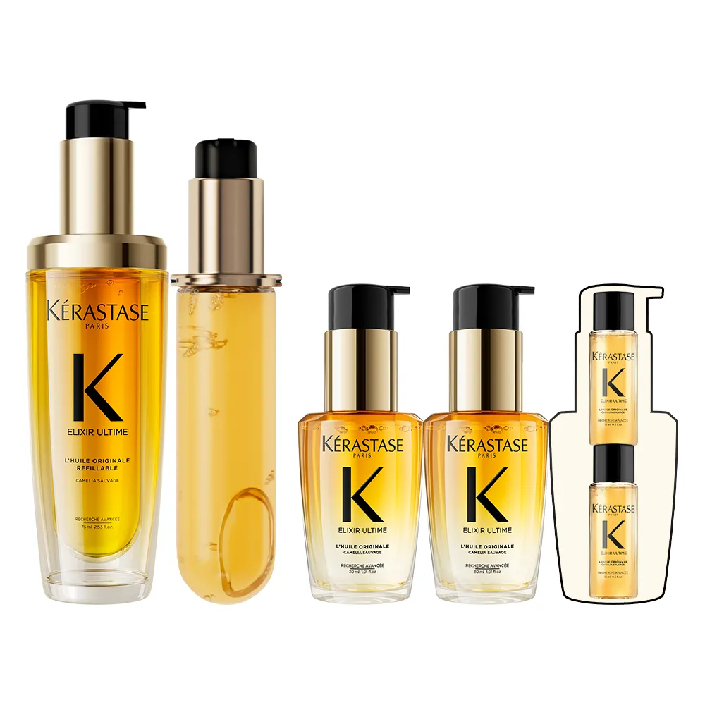 【KERASTASE 巴黎卡詩】金緻柔馭山茶花鎏光露75ml+填裝瓶75ml(升級版奢光小金油/極致保濕/抗躁/護髮油/髮油