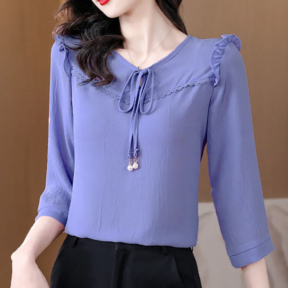 【麗質達人】3717綁帶七分袖上衣-四色AA(M-4XL)