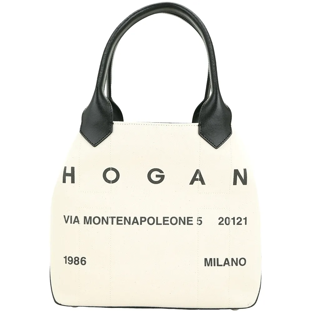 【HOGAN】Script 中型 字母地址標示帆布拼接牛皮手提/肩背托特包(米白)(帆布包 義大利精品)