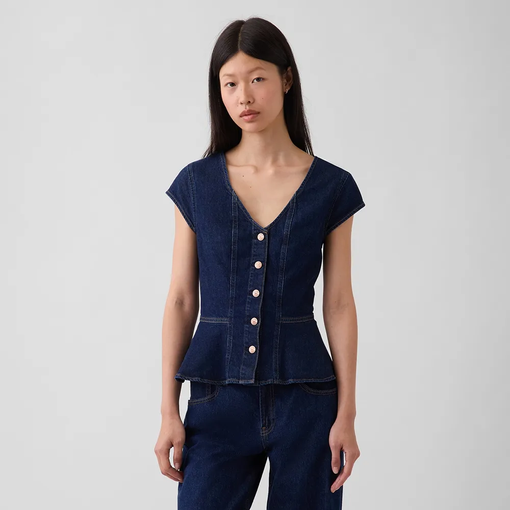 【GAP】貼身牛仔荷葉邊上衣-深色水洗(913927)