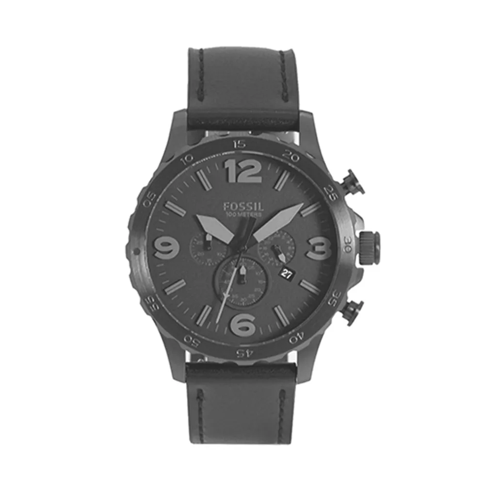 【FOSSIL】Nate 黑色大錶盤計時皮革錶帶 男錶 石英錶 雙11(JR1354)