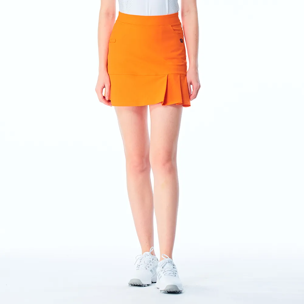 【KING GOLF】網路限定款-女款立體刺繡素面修身荷葉百褶A LINE短裙/高爾夫球裙-橘色