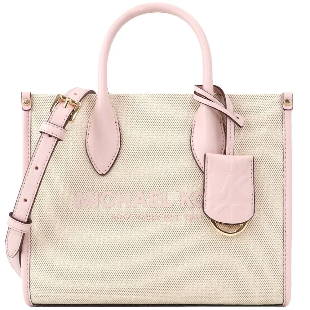 【Michael Kors】MIRELLA粉X白織布小款手提斜背托特包